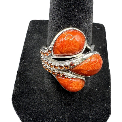 NF 925 Signed Sterling Silver Ring Teardrop Shape Sponge Coral Rhinestone Size 7
