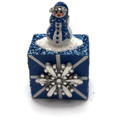 Patricia Breen Presenting Blue Snowman Jeweled Cube Tower Christmas Ornament