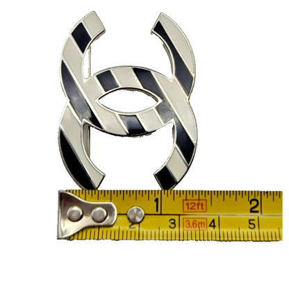 Co Co Chanel Brooch Pin Striped Enamel White Navy Blue with Velvet Pouch Box Tag