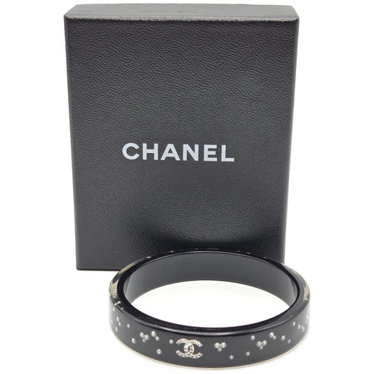 Chanel Black Resin Faux Pearl Crystal CC Logo Details Bangle Bracelet Jewelry