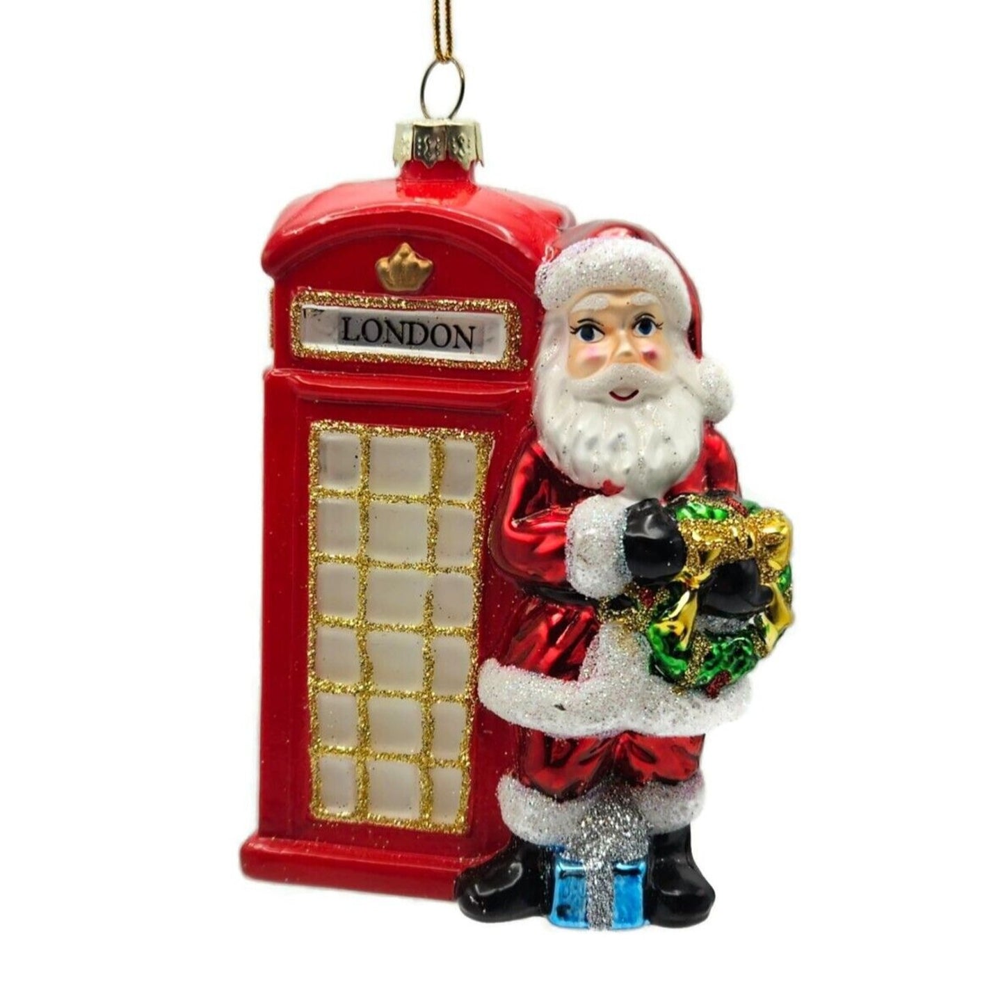 London England Glassware Art Studio Red Phone Booth Santa Christmas Ornament
