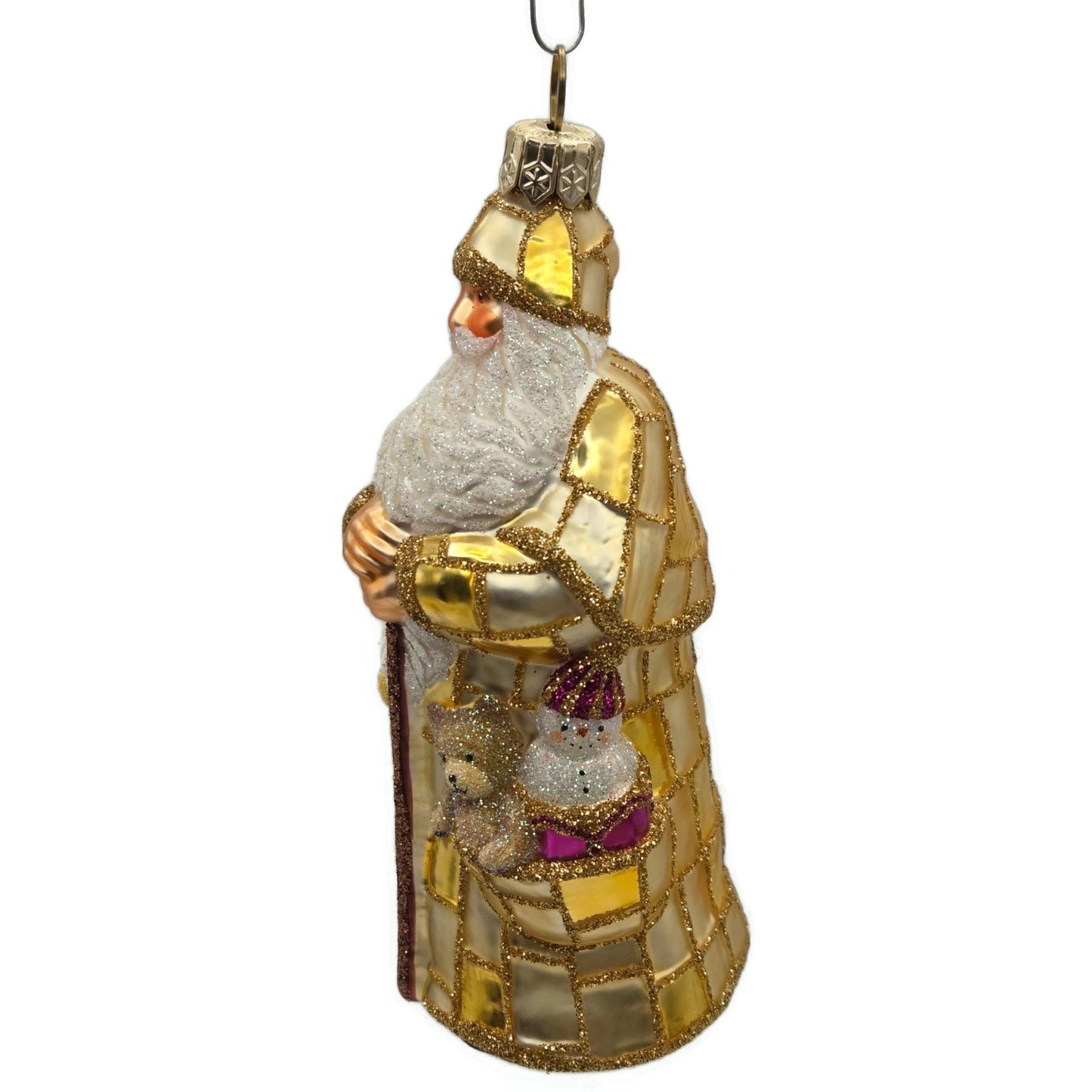 Patricia Breen Patchwork Santa Gold Glitter Plaid Glass Christmas Tree Ornament