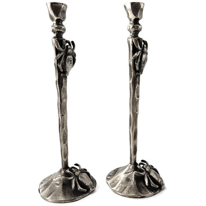 Gothic Halloween Spooky Spider Black Metal Taper Candle Holder Decor Set of 2