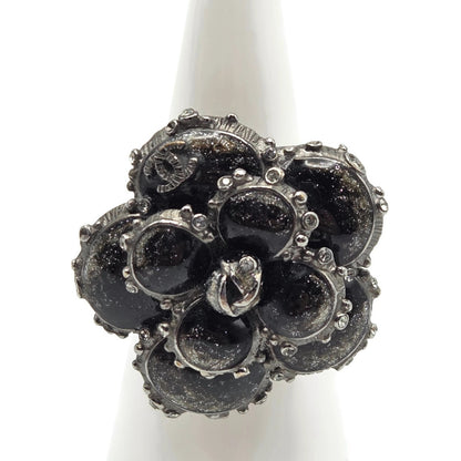 Chanel Camellia CC Ring Ruthenium Black Enamel Crystal EU 54 US 7 w/ Box 13P