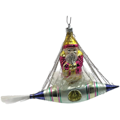 Christopher Radko Pink Santa In Space Blue Silver Rocket Christmas Tree Ornament