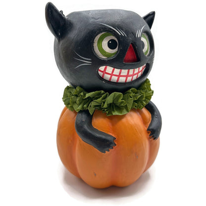 Bethany Lowe Halloween Vintage Style Black Cat in Pumpkin Bucket Paper Pulp New