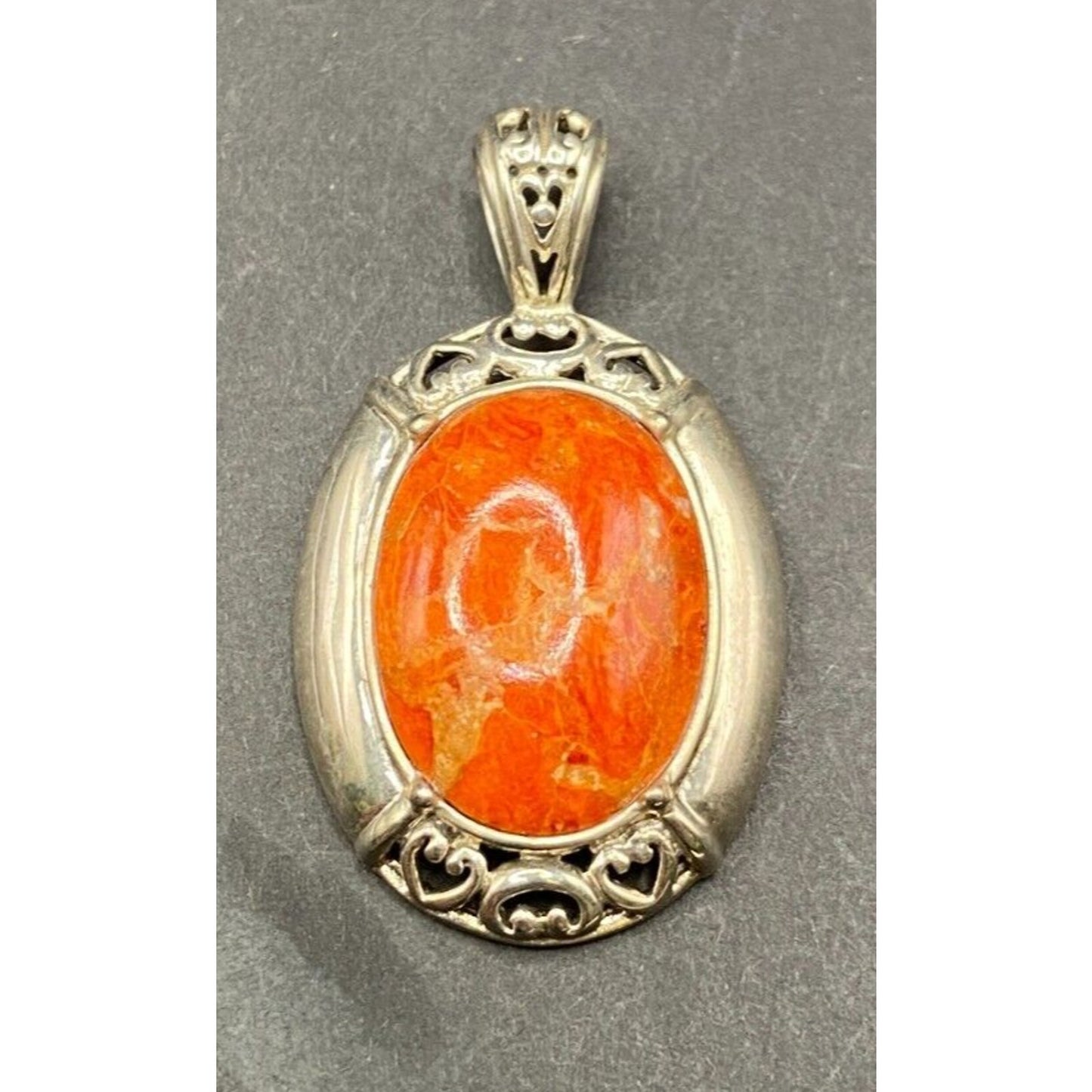 Orange Spiny Oyster Shell Oval Shaped Pendant 925 Sterling Silver NK Thailand