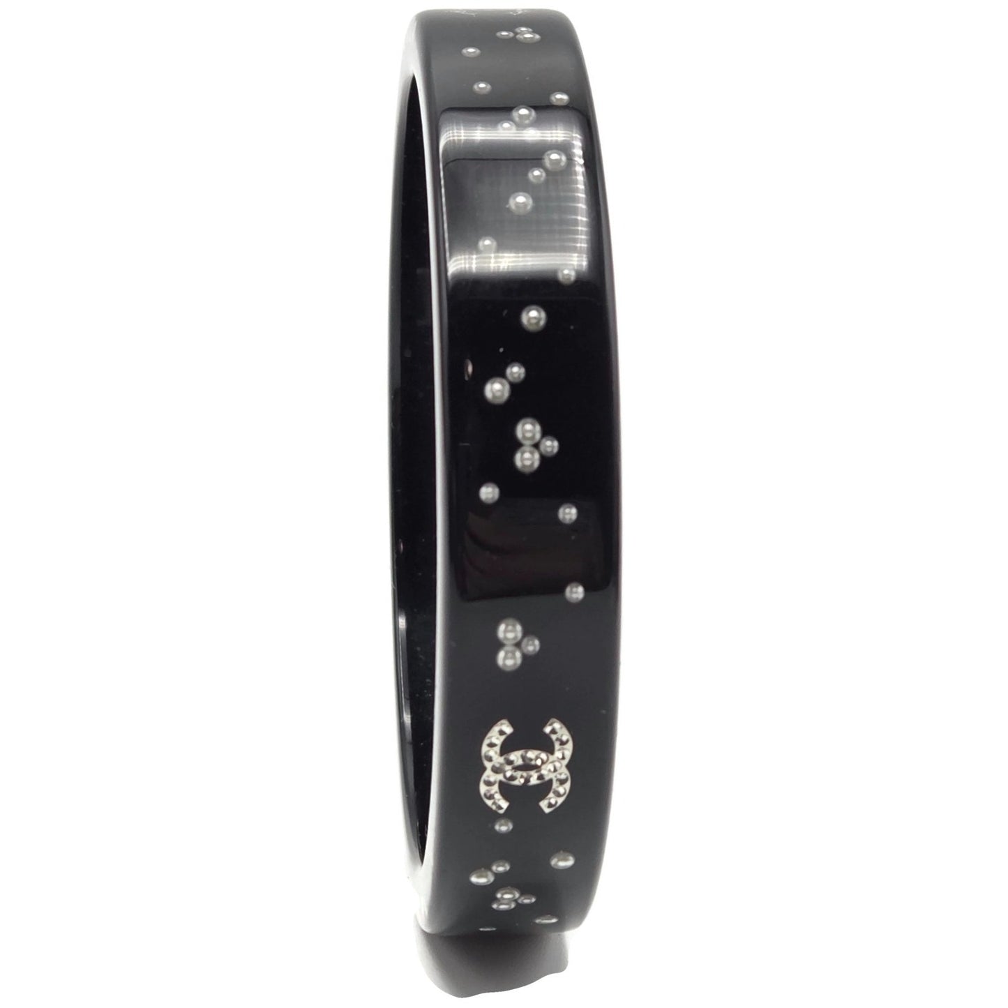 Chanel Black Resin Faux Pearl Crystal CC Logo Details Bangle Bracelet Jewelry