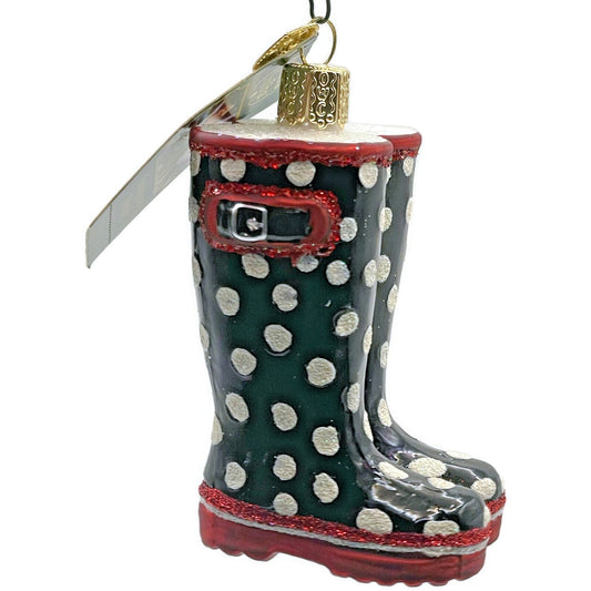 Rubber Boots Ornament Black Polka Dots OWC Old World Christmas Tree Decoration