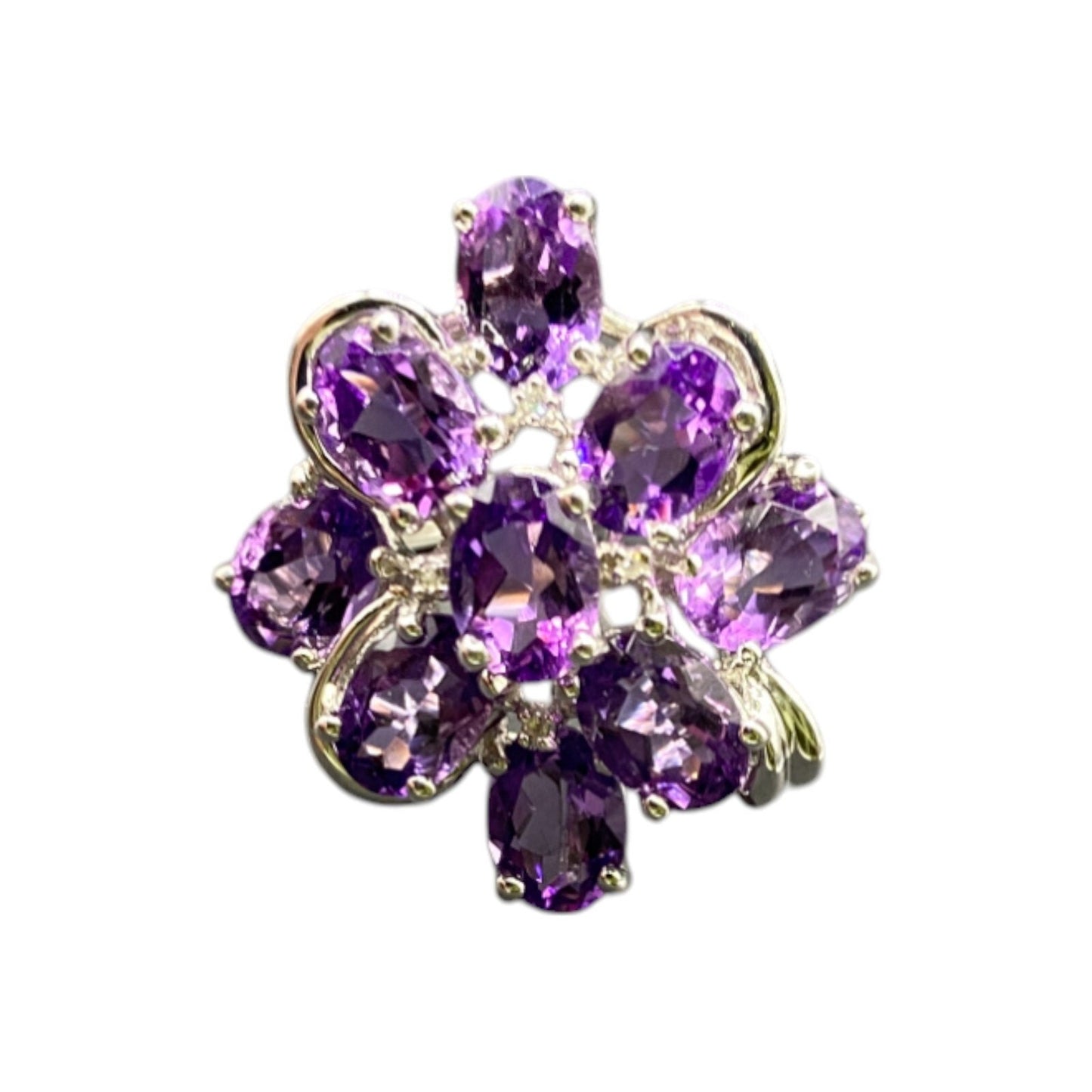 925 Sterling Silver Ring Prong Set Purple Amethyst Gemstone Cluster Size 8