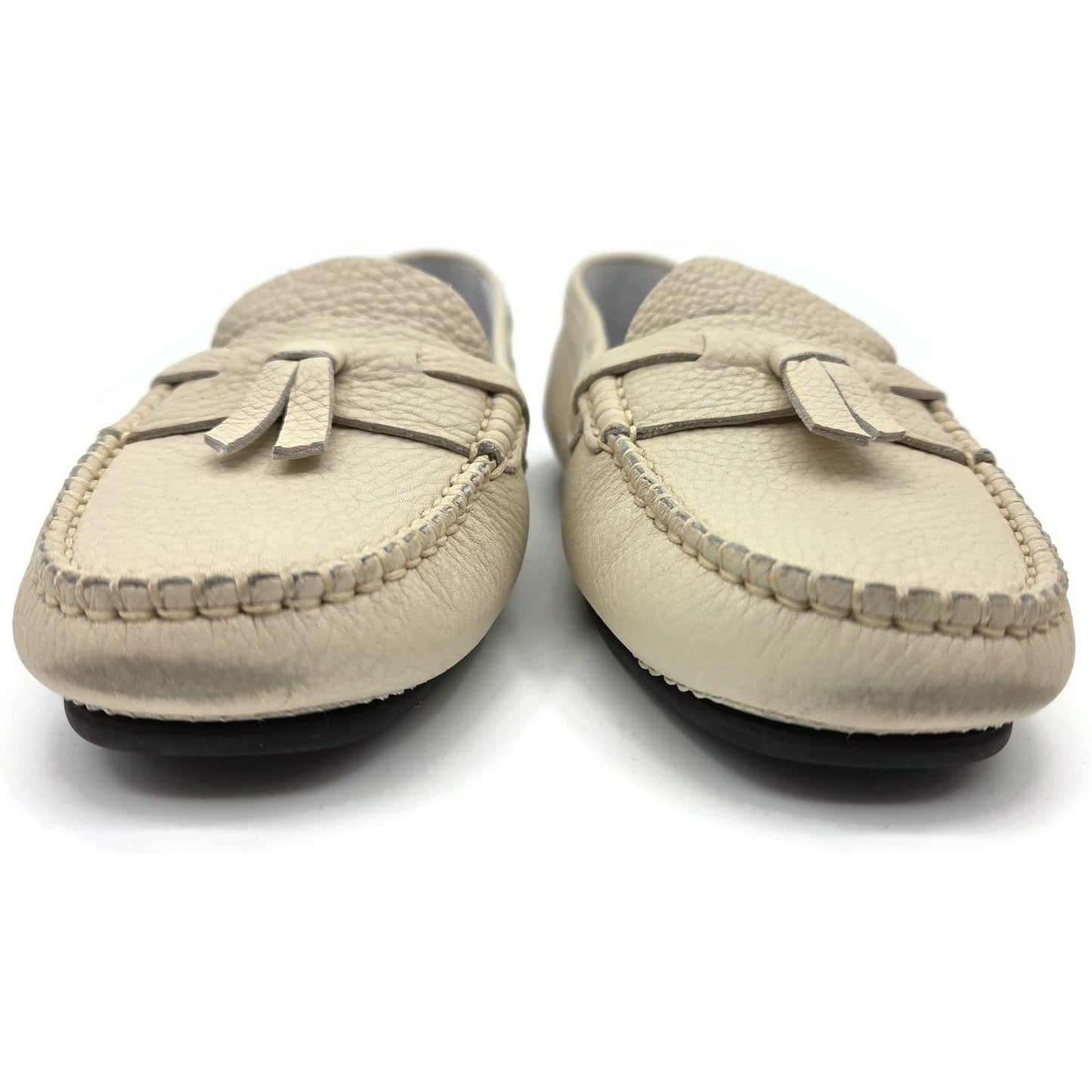 Chanel Womens Moccasin Loafers Ecru Beige Pebbled Leather Tassel Flats Size 40