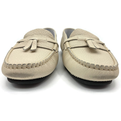 Chanel Womens Moccasin Loafers Ecru Beige Pebbled Leather Tassel Flats Size 40