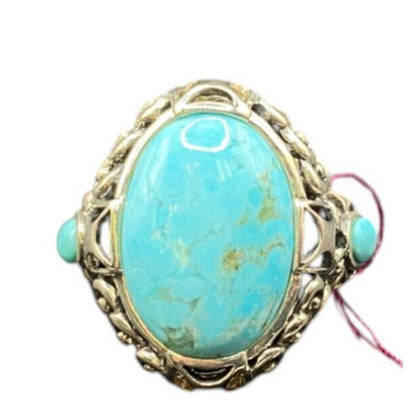 Turquoise Ring Sterling Silver NK Oval Ornate Semi Precious Stone Blue 7.75