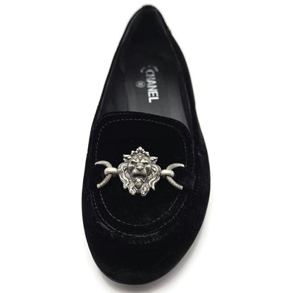 Chanel Velvet Lion Loafers Black Coco EU Size 40 US Size 10 with Box 2 Dust Bags