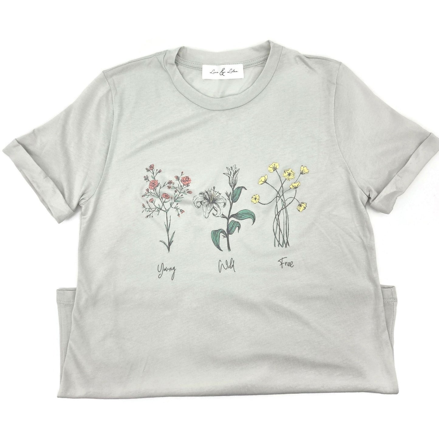 Womens Tee Shirt Cotton Floral Vintage Young Wild Free Green Lace & Lilac