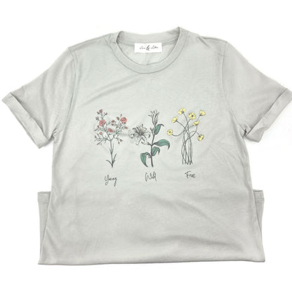 Womens Tee Shirt Cotton Floral Vintage Young Wild Free Green Lace & Lilac