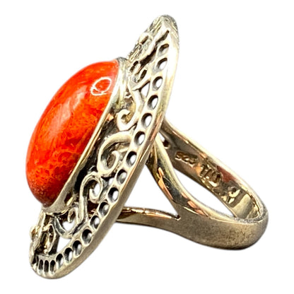 925 Sterling Silver Ring Sponge Coral Filigree Orange Oval Gemstone Size 7