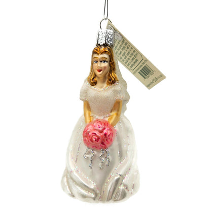 Old World Christmas Bride Brunette White Dress Pink Bouquet Christmas Ornament