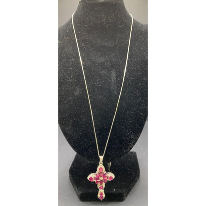 Red Mahaleo Ruby Rhodium Cross Pendant 925 Sterling Box Chain Necklace