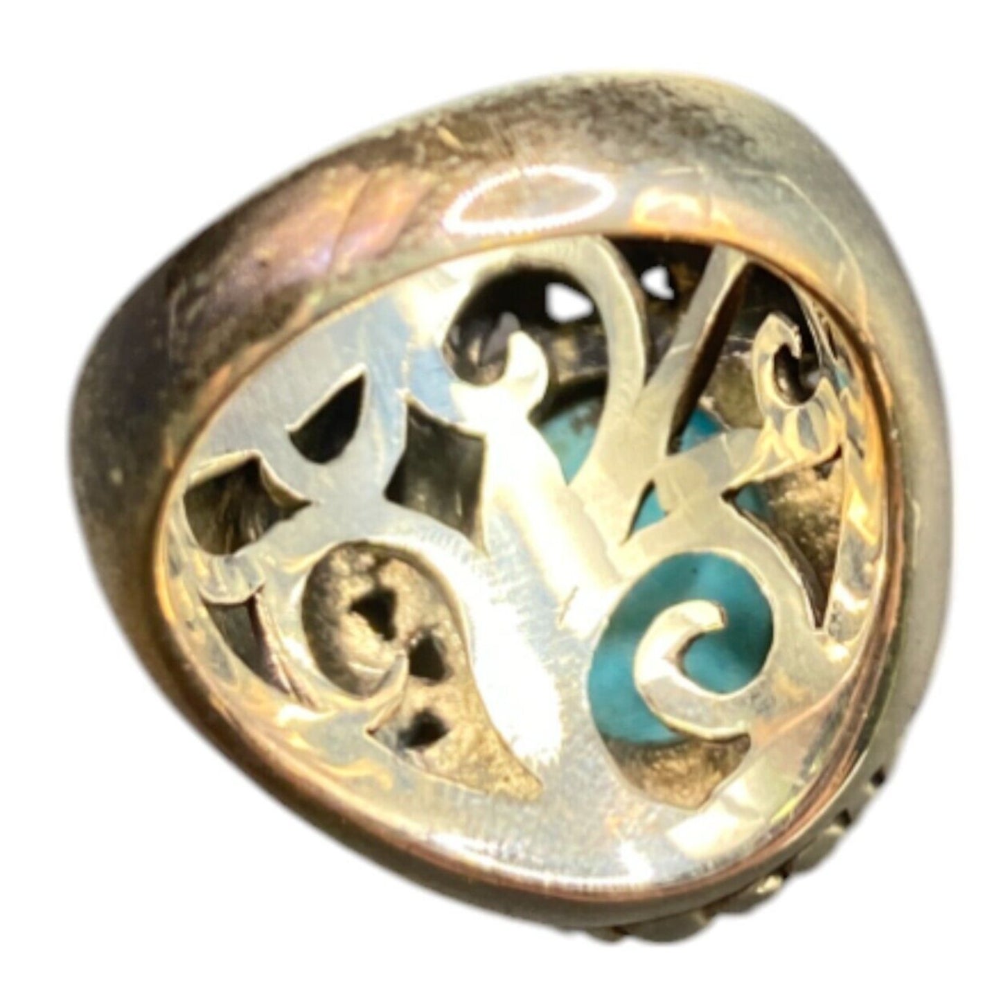 Ring Filigree Turquoise Gemstone Oval Cabochon NK 925 Sterling Silver Size 7.75