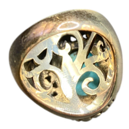 Ring Filigree Turquoise Gemstone Oval Cabochon NK 925 Sterling Silver Size 7.75