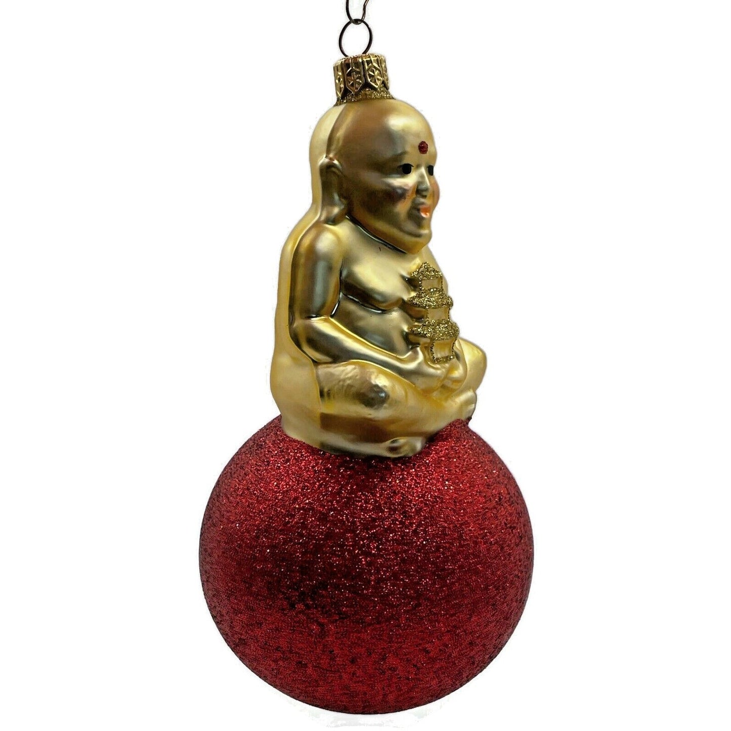 Patricia Breen Ornament Buddha on Ball Gold Red Glittered Ball Christmas Tree