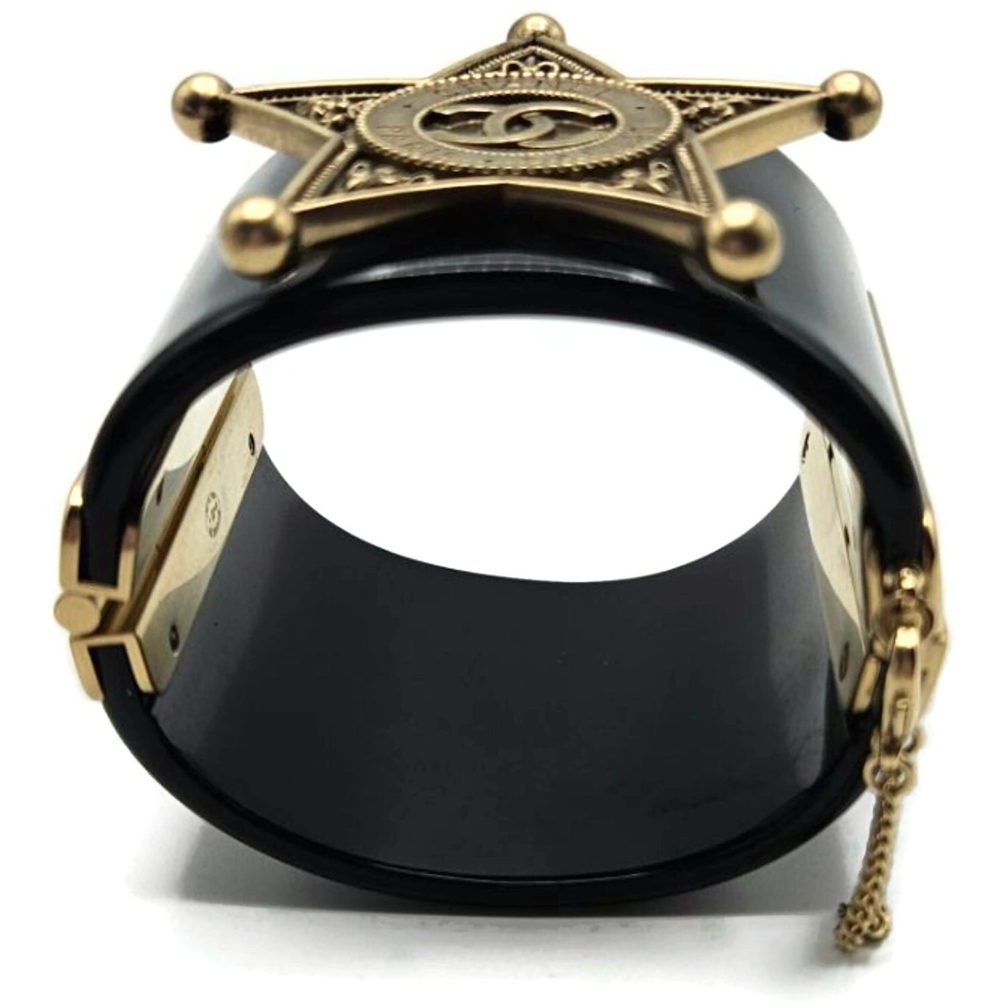 Co Co Chanel Paris Dallas Sheriff Star A A86470 Wide Cuff Black Gold Bracelet
