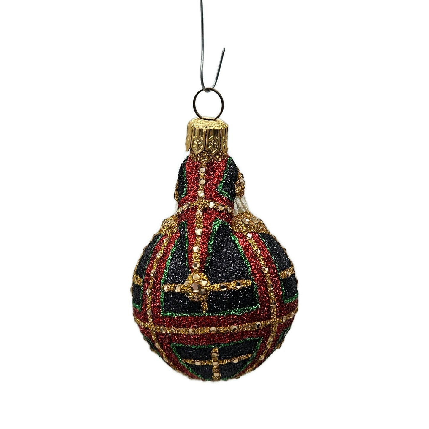 Patricia Breen Miniature Santa du Monde Plaid Black Glittered Christmas Ornament