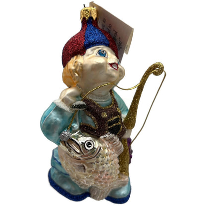 Larry Fraga Got One Boy Fishing Blue Red Cap Glitter Christmas Tree Ornament