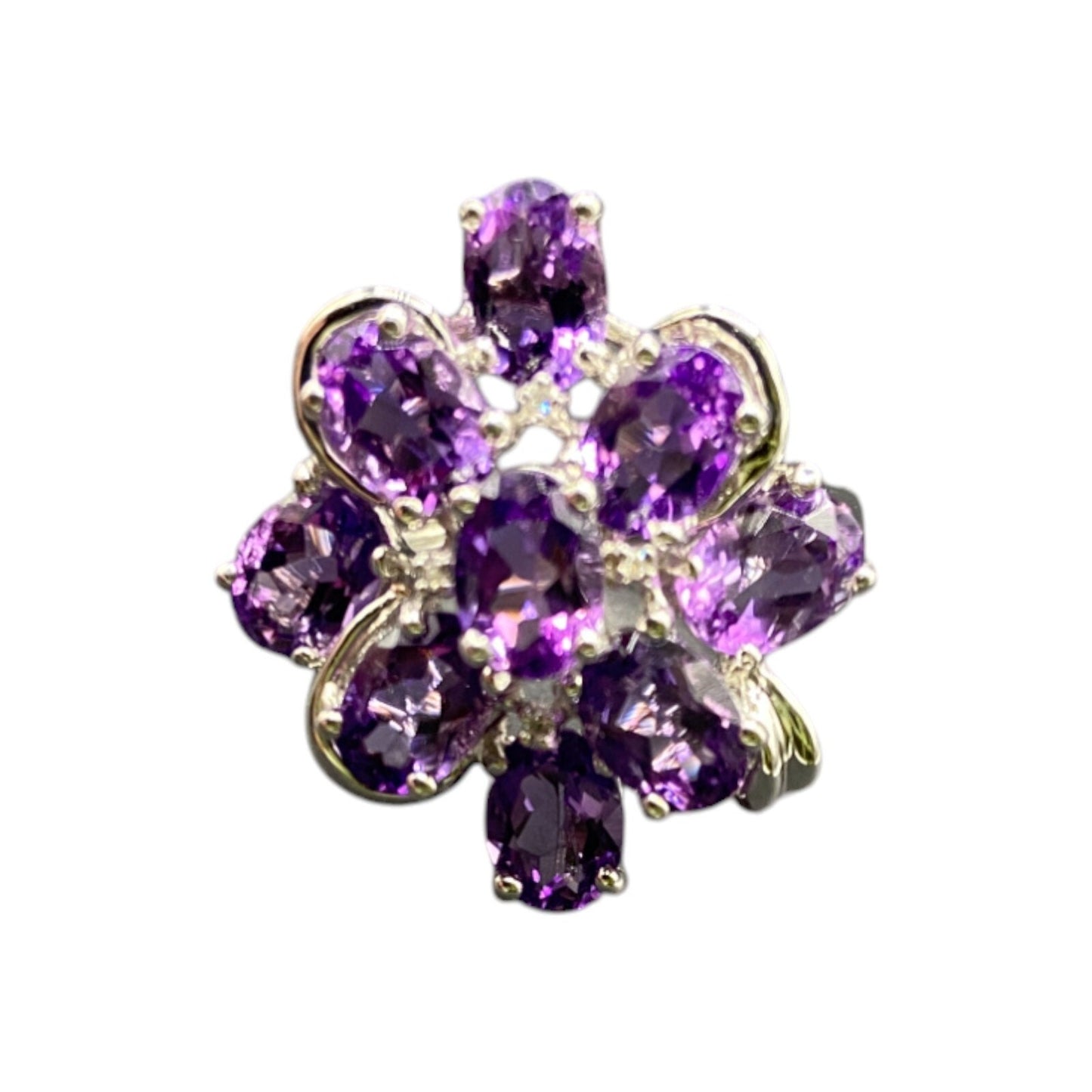 925 Sterling Silver Ring Prong Set Purple Amethyst Gemstone Cluster Size 8