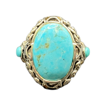 Turquoise Ring Sterling Silver NK Oval Ornate Semi Precious Stone Blue 7.75