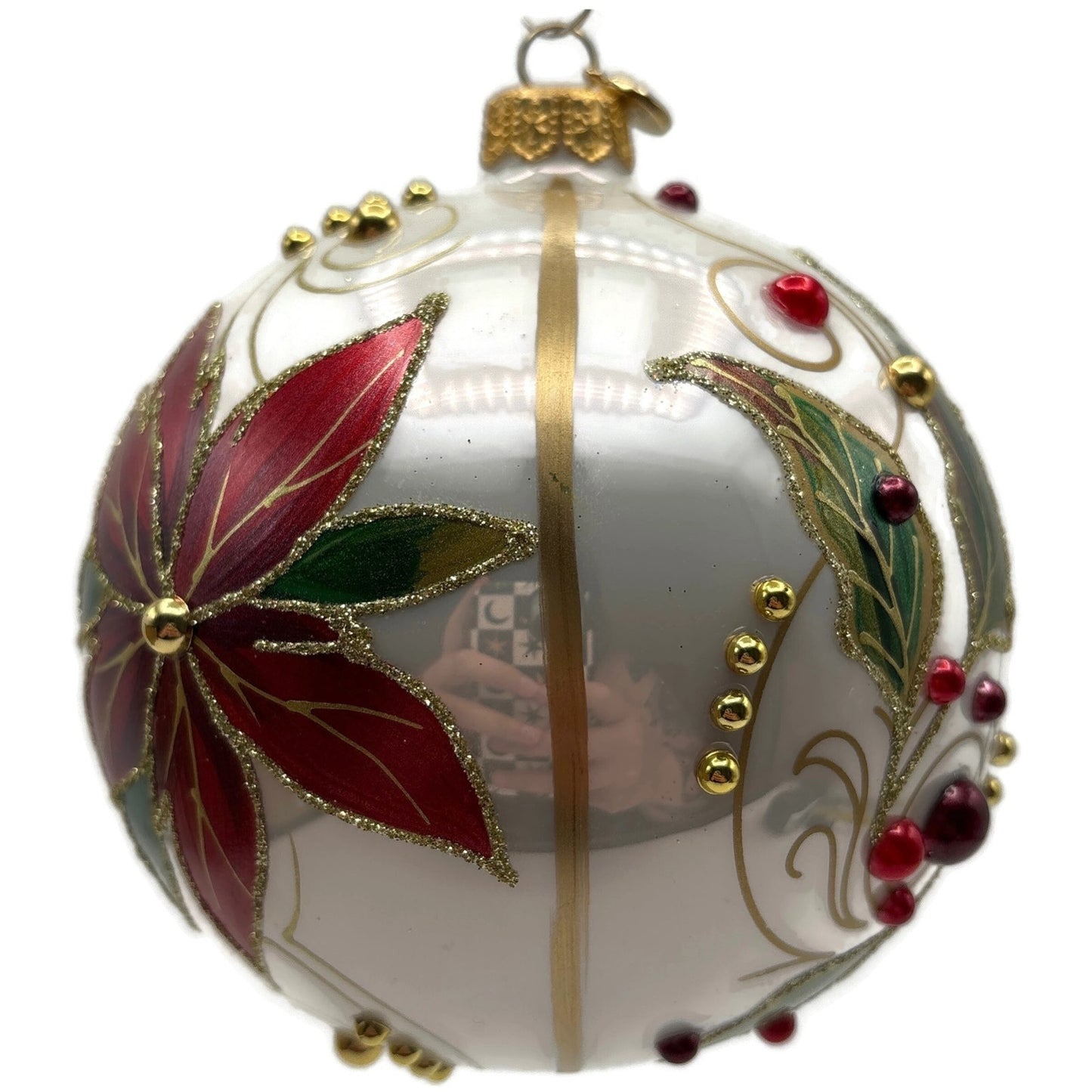 Glitter Lab Christmas Patterns Poinsettia Leaves White Orb Ball Holiday Ornament