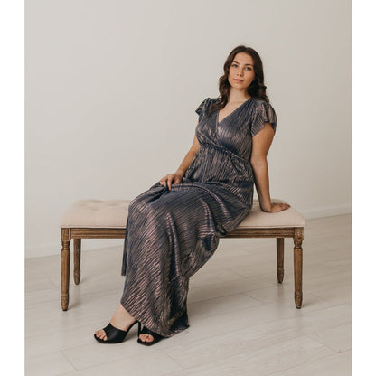 Ladies Large Holiday Maxi Dress Navy Blue Gold Shimmer V-Neck 62 inch