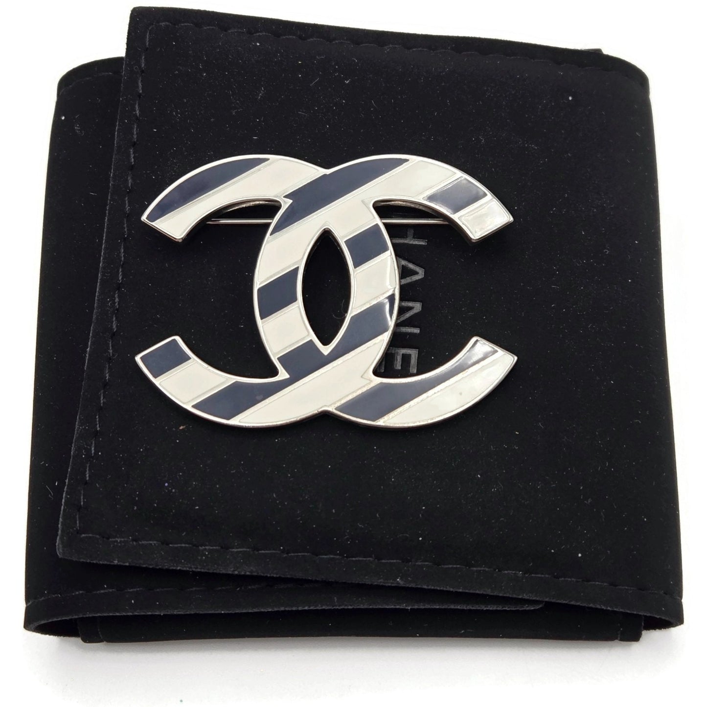 Co Co Chanel Brooch Pin Striped Enamel White Navy Blue with Velvet Pouch Box Tag