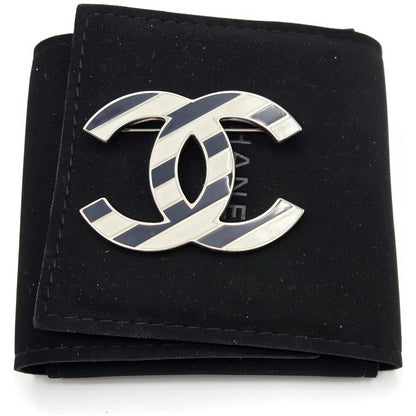 Co Co Chanel Brooch Pin Striped Enamel White Navy Blue with Velvet Pouch Box Tag