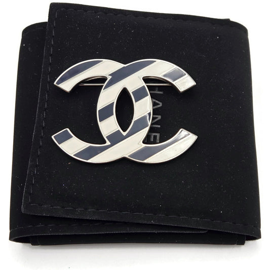 Co Co Chanel Brooch Pin Striped Enamel White Navy Blue with Velvet Pouch Box Tag