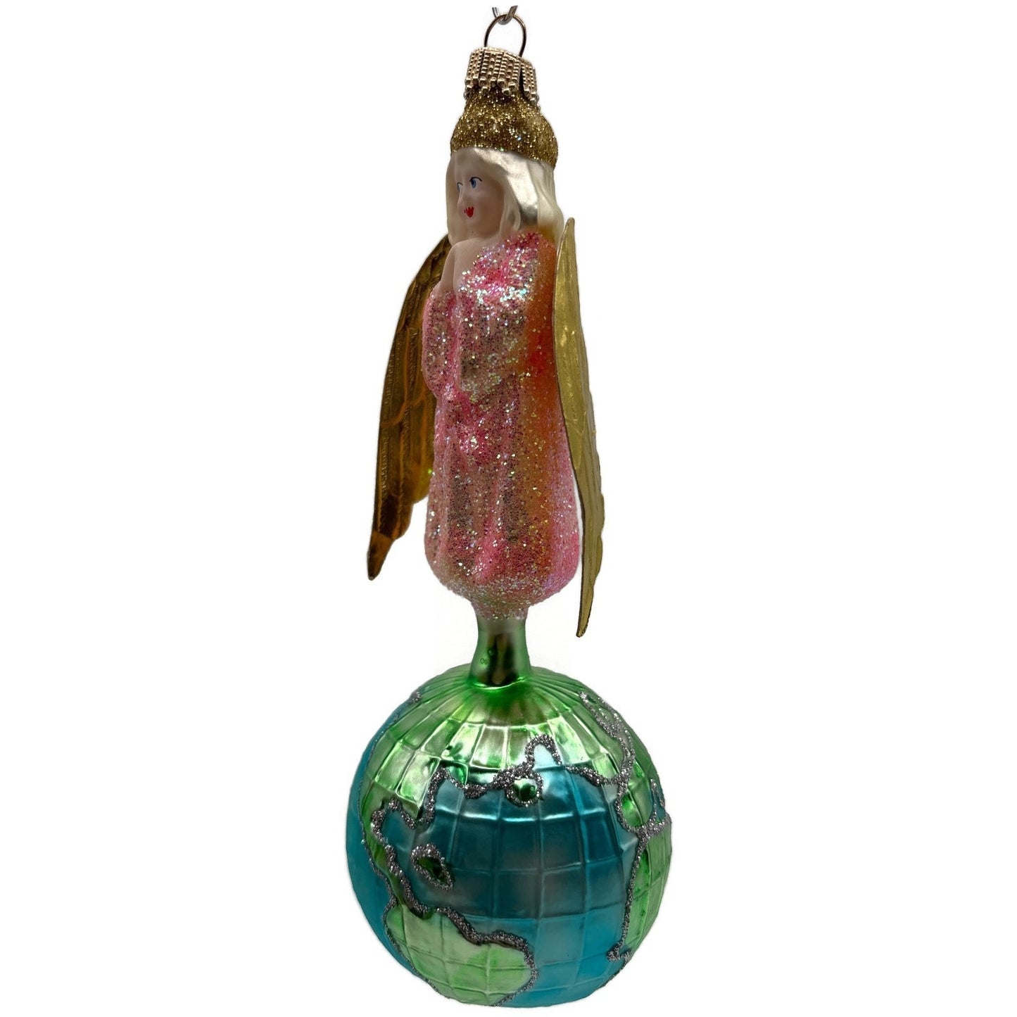 Larry Fraga Angel Of World Peace Gold Wings Glitter Glass Christmas Ornament