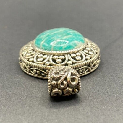 Amazonite Crystal Stone Pendant Round Cabochon Shaped Silver Tone Metal Filigree