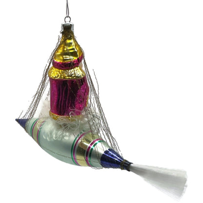 Christopher Radko Pink Santa In Space Blue Silver Rocket Christmas Tree Ornament