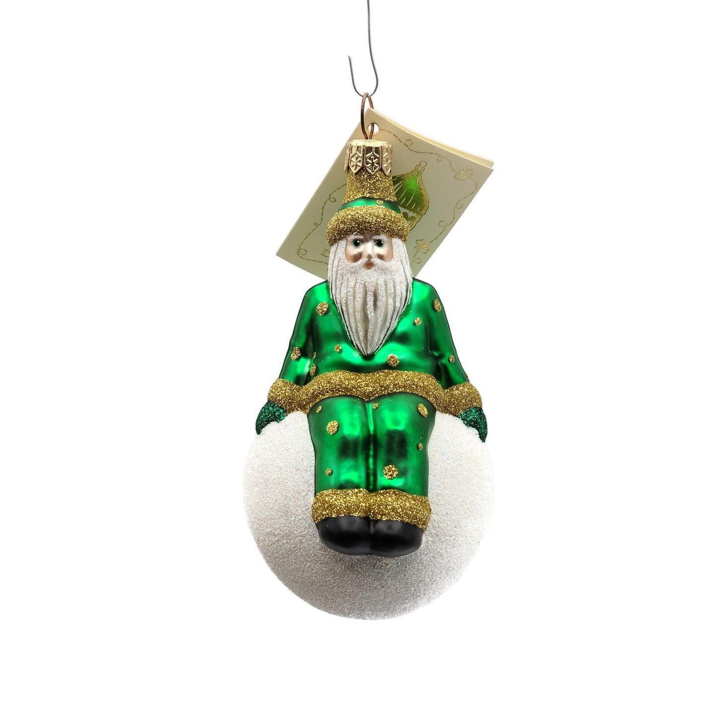 Patricia Breen Snowbound Santa Green Gold Glittered Dots Christmas Tree Ornament