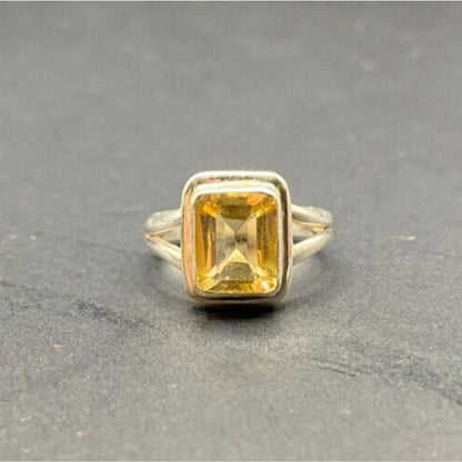 Emerald Cut Yellow Citrine Crystal Gemstone Ring 925 Sterling Silver Size 8.25