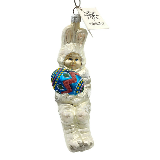 Slavic Treasures Bunny Boy Blue Easter Egg Handblown Glass Ornament 00-184-A