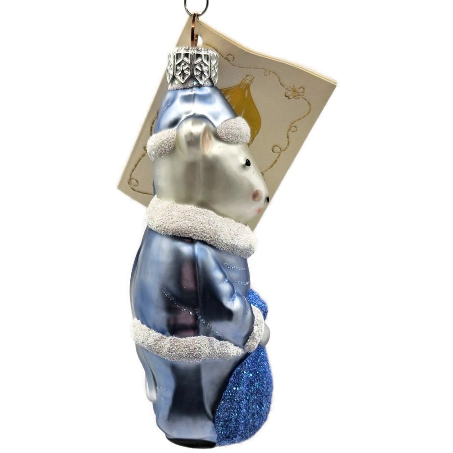 Patricia Breen Festive Mouse Light Blue Hand Blown Glass Christmas Tree Ornament
