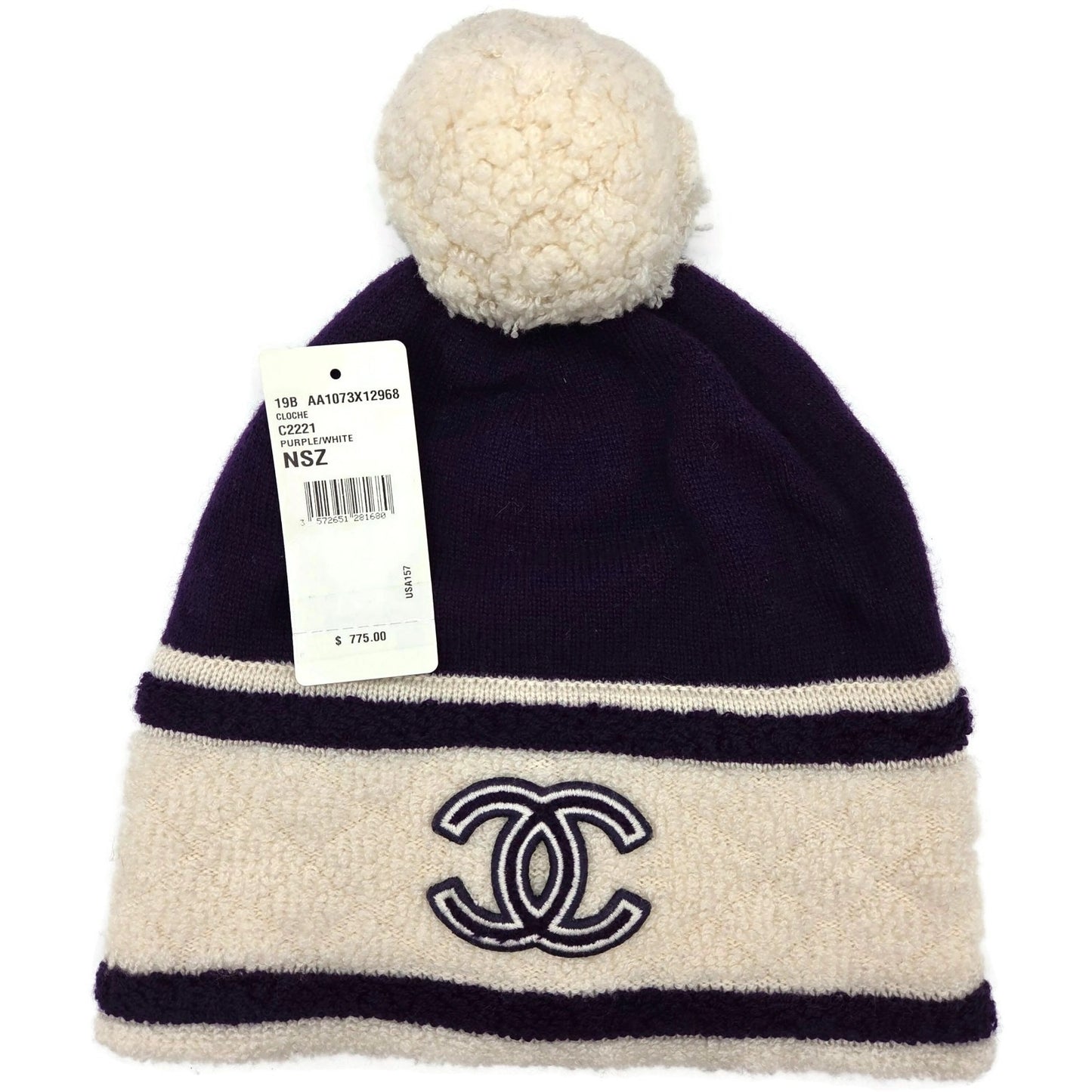 Chanel CC Logo Cashmere Beanie Hat Purple White Pom Pom Great Britain Rare