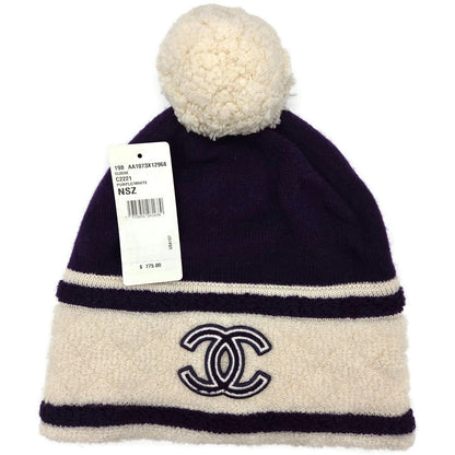 Chanel CC Logo Cashmere Beanie Hat Purple White Pom Pom Great Britain Rare