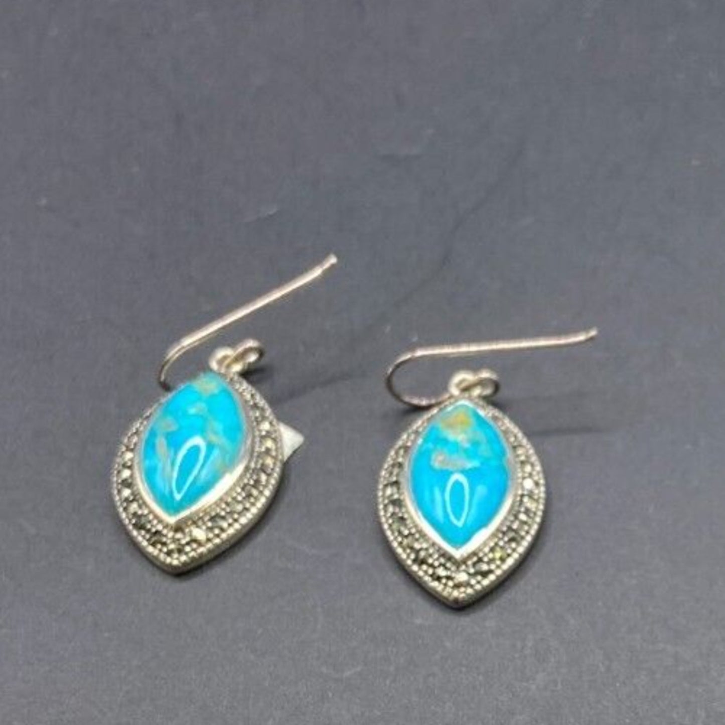 Marquise Turquoise Hook Dangle Earrings Marcasite Stone 925 Sterling Silver NK