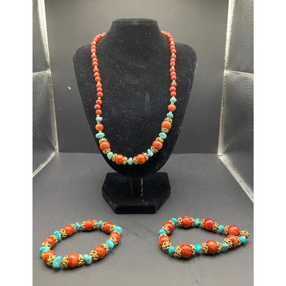 3 Pc Set Sponge Coral Turquoise Beaded Necklace Bracelets Gold Tone Metal