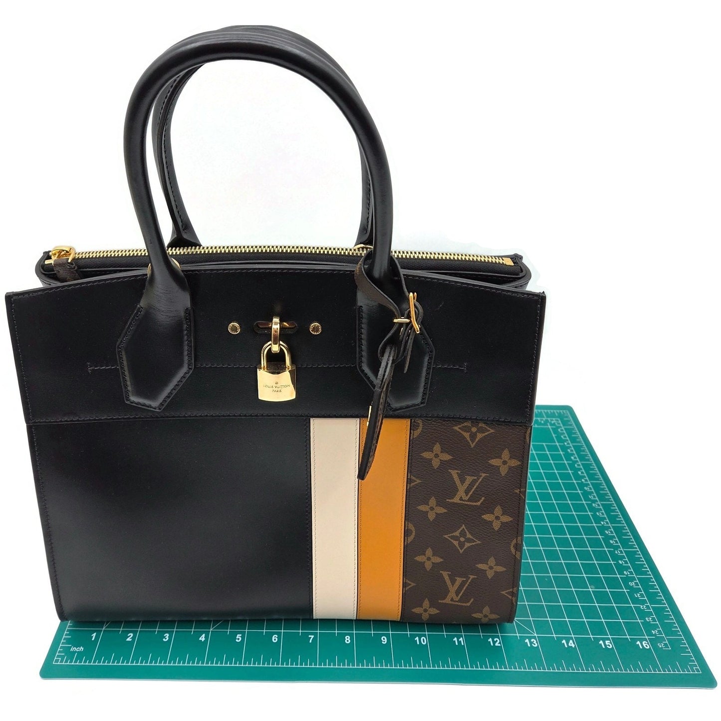 Louis Vuitton City Steamer MM Handbag M55433 Black Calfskin Monogram Stripe Bag