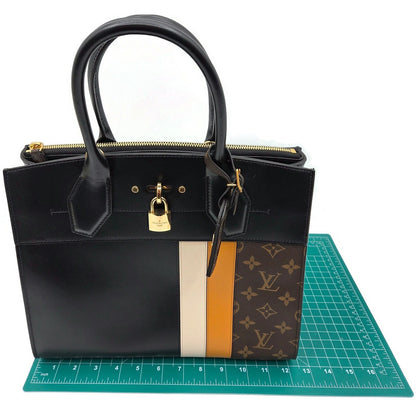 Louis Vuitton City Steamer MM Handbag M55433 Black Calfskin Monogram Stripe Bag