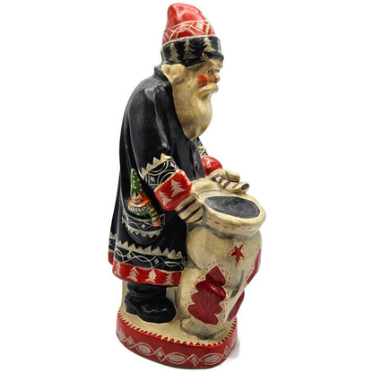 Vaillancourt Father Christmas Wearing Black Coat Red Work Sack Chalkware Folk